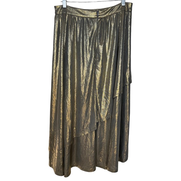 Metallic Gold Lame Midi Skirt Ruffle Hem Thigh Slit Size Large - Picture 3 of 10